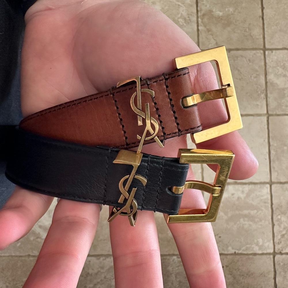 YSL Brown and Black Leather Belts with Gold Buckles ($300 for both)